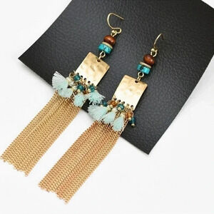 Chain Fringe Earrings Gold Teal Tassel Boho
